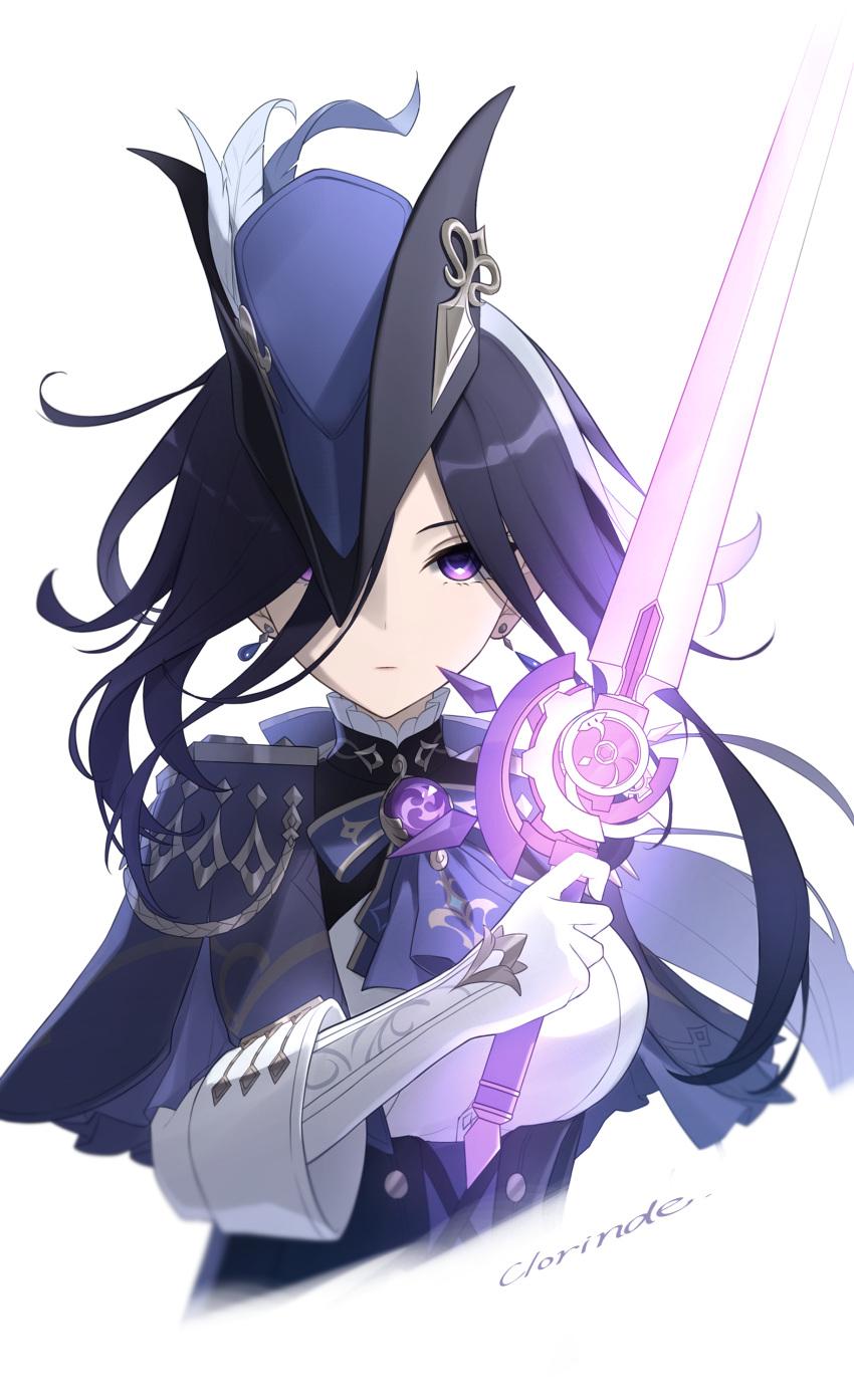 1girl absurdres black_hair blue_headwear breasts clorinde_(genshin_impact) closed_mouth cropped_torso epaulettes expressionless genshin_impact gloves hat hat_feather highres holding holding_sword holding_weapon long_hair looking_at_viewer neneko_sleep simple_background solo sword tricorne upper_body violet_eyes weapon white_background white_gloves