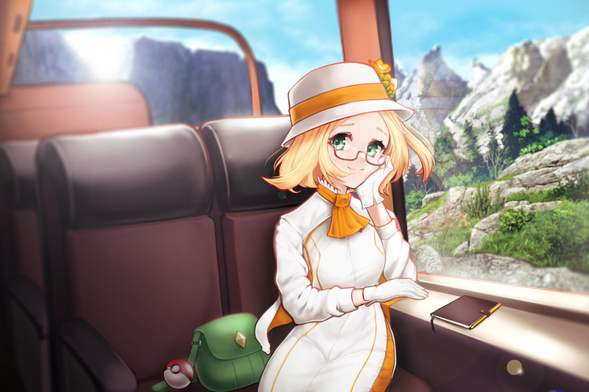 1girl absurdres alternate_costume arm_support ascot bag bianca_(pokemon) blonde_hair book castyx commission flower glasses gloves green_eyes hat hat_flower highres looking_at_viewer mountain orange_ascot poke_ball poke_ball_(basic) pokemon pokemon_(game) pokemon_bw2 red-framed_eyewear smile solo tree white_gloves white_headwear window