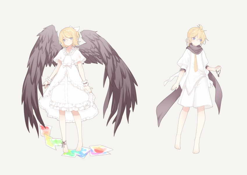 1boy 1girl absurdres ankle_ribbon barefoot black_wings blonde_hair bow brother_and_sister closed_mouth frown full_body grey_background highres holding holding_jewelry holding_necklace jewelry kagamine_len kagamine_rin leg_ribbon necklace necktie paper ribbon shirt short_ponytail short_sleeves shorts siblings skirt smile twins varinr vocaloid white_bow white_ribbon white_shirt white_shorts white_skirt wings wrist_cuffs yellow_necktie