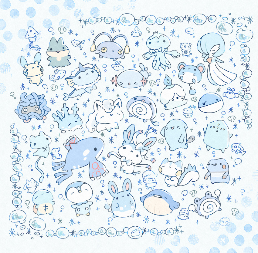 &gt;_&lt; +_+ 1girl :i =_= ^_^ alolan_vulpix alternate_color arm_at_side artist_name azelf azumarill black_eyes blue_background blue_border blue_bow blue_bowtie blue_eyes blue_fire blue_hair blue_skin blue_theme blush_stickers bob_cut border bow bowtie bubble chibi chinchou closed_eyes closed_mouth color_connection colored_skin commentary_request corsola croagunk ditto everyone finneon fire fish flat_chest frillish frillish_(male) full_body gardevoir grin gulpin hair_bow hair_over_one_eye hand_to_own_mouth hand_up happy highres horsea kyogre litwick manaphy mantyke marill mew_(pokemon) minun multicolored_skin munchlax omanyte one_eye_covered open_mouth oshawott ototo_(otokameseimen) pachirisu piplup pokemon pokemon_(creature) poliwag poliwhirl quaxly regice remoraid ribbon riolu seashell shell shiny_pokemon short_hair signature smile solid_circle_eyes sparkle squirtle standing surskit swablu sylveon tangela teeth tripping two-tone_skin vaporeon voltorb wailmer wavy_mouth white_ribbon white_skin wishiwashi wishiwashi_(solo) wobbuffet wooper yellow_eyes