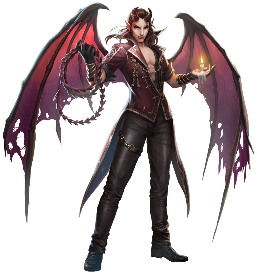 &gt;:) 1boy bat_wings bishounen bloodline_heroes_of_lithas brooch brown_hair candle closed_mouth collarbone demon demon_boy demon_wings eyelashes eyeliner fantasy game_cg game_model gloves gnassag goat_games hair_slicked_back holding holding_whip horns incubus jewelry leather_pants lilin lips long_hair looking_at_viewer male_focus official_art pecs pointy_ears realistic red_eyes smile solo tailcoat the_luxuriant thigh_strap torn_wings transparent_background wavy_hair wax whip