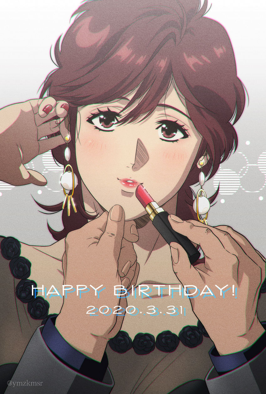 1boy 1girl absurdres adjusting_hair applying_makeup brown_eyes brown_hair city_hunter collarbone dangle_earrings dated dress earrings evening_gown eyelashes formal gradient_background grey_background happy_birthday hetero highres jewelry lipstick long_sleeves makeup makimura_kaori nail_polish out_of_frame pov red_nails saeba_ryou solo_focus yuu_(masarunomori)