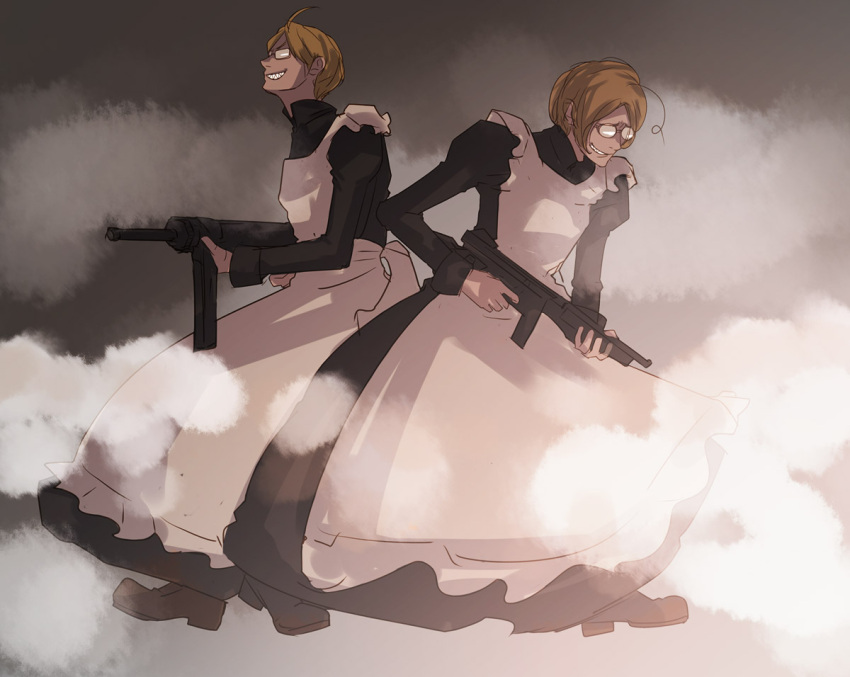 america_(hetalia) axis_powers_hetalia bad_id brothers canada_(hetalia) crossdressinging ddd-mmm fog gun maid multiple_boys siblings weapon