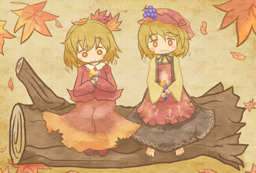 aki_shizuha akihiyo autumn barefoot blonde_hair eating food fruit grapes hat leaf log siblings sisters sweet_potato touhou yakiimo yam