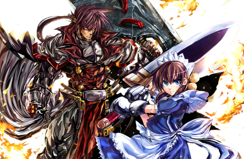 armor armored_dress bad_id blue_eyes brown_hair crossover epic fiona_mayfield gauntlets guilty_gear kuro_kichi m.u.g.e.n maid manly mugen_(game) order_sol red_eyes sol_badguy sword uniform weapon