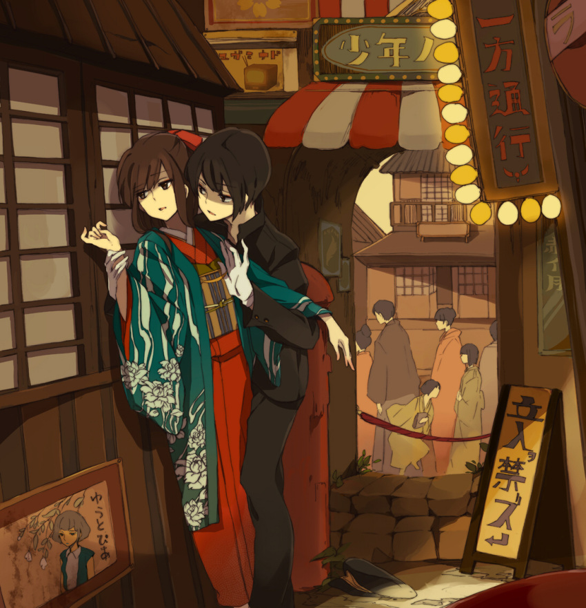 1girl against_wall black_hair brown_eyes brown_hair city couple east_asian_architecture flirting gakuran gloves hair_ribbon japanese_architecture japanese_clothes kimono loo looking_away original outdoors ribbon scenery school_uniform short_hair sign traditional_clothes white_gloves wrist_grab
