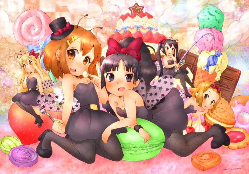 akiyama_mio alternate_costume antenna antennae black_eyes black_hair blonde_hair brown_eyes brown_hair cake candy chocolate cookie fishnet_pantyhose fishnets food fruit highres hirasawa_yui ice_cream in_food k-on! kotobuki_tsumugi listen!! long_hair macaron minigirl multiple_girls nakano_azusa nanami_tomorou pantyhose pastry strawberry tainaka_ritsu wings