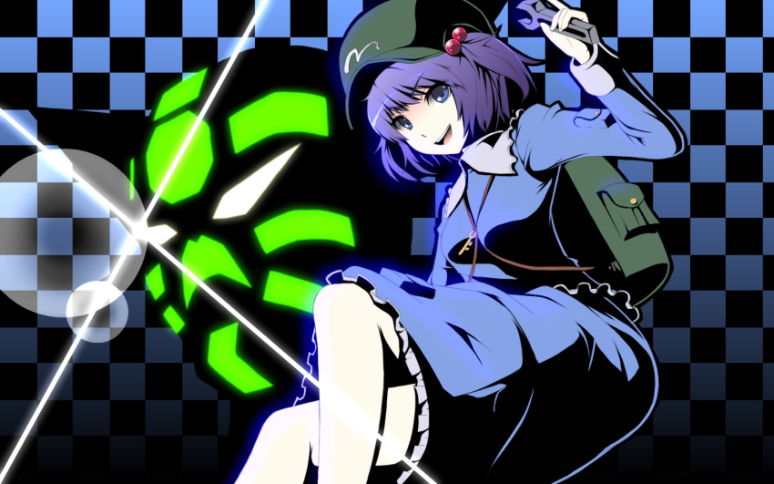 bag blue_eyes blue_hair checkered checkered_background crossover face gayprince getter_robo glowing hair_bobbles hair_ornament hat highres kawashiro_nitori key mecha shin_getter-1 shin_getter_robo super_robot touhou wrench