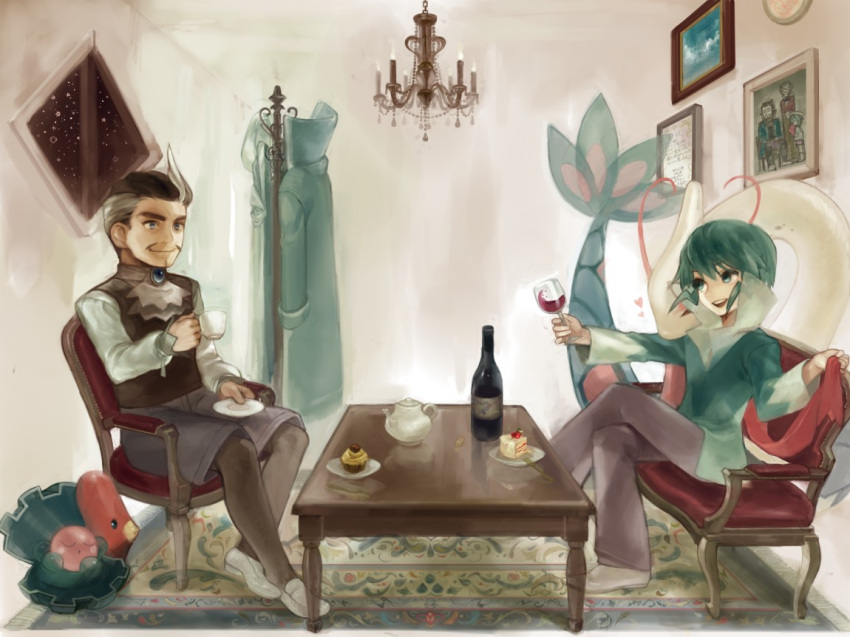 2boys adan_(pokemon) blue_hair cake chandelier clamperl coat_rack cup cupcake eating food glass gym_leader luvdisc male mikuri_(pokemon) milotic multicolored_hair multiple_boys photo_(object) pokemon pokemon_(creature) pokemon_(game) pokemon_rse table tea two-tone_hair ucchii wine_glass