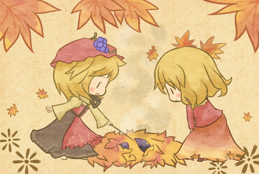 aki_shizuha akihiyo autumn blonde_hair chibi food fruit grapes hat leaf siblings sisters sweet_potato touhou yakiimo yam