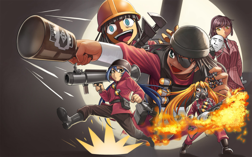 bottle cosplay crazy crazy_eyes eyepatch fang fire flamethrower formal gas_mask genderswap hat helmet higurashi_no_naku_koro_ni kuso_miso_technique long_hair man_(trance) mask parody rocket_launcher suit team_fortress team_fortress_2 the_demoman the_engineer the_pyro the_soldier the_spy wallpaper weapon yandere yaranaika