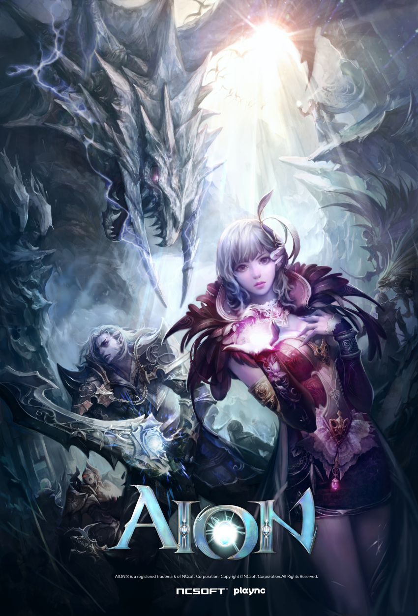 aion armor asmodian detached_sleeves dragon dress highres sword weapon white_hair