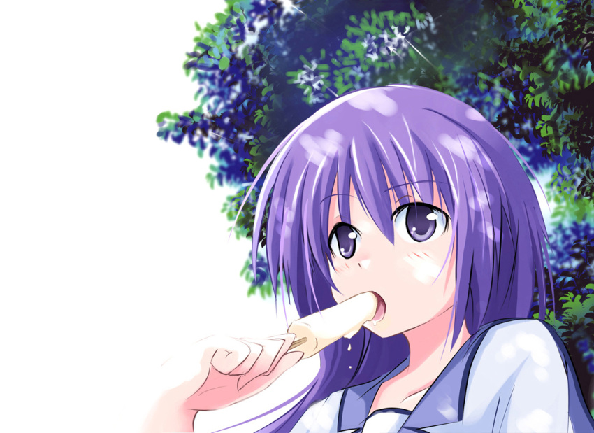 irie_(angel_beats!) leaf long_hair okome_(minagisama) popsicle purple_eyes purple_hair school_uniform tree violet_eyes
