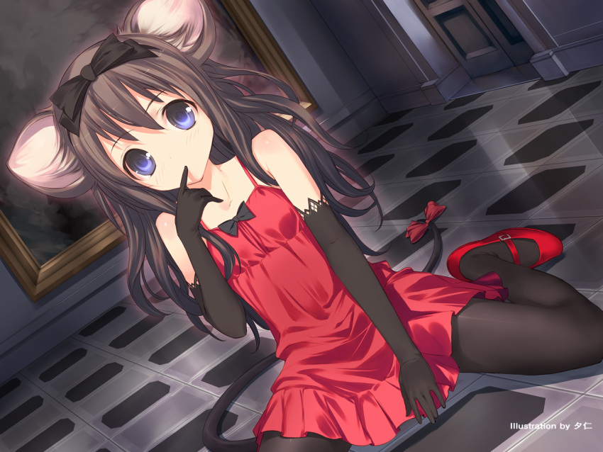 bare_shoulders black_hair black_legwear black_pantyhose blue_eyes bow cat_ears cat_tail chemise dress elbow_gloves finger_to_mouth flat_chest gloves hair_bow legs long_hair mary_janes mouse_ears mouse_tail original pantyhose red_dress red_shoes shoes sitting tail uni wariza