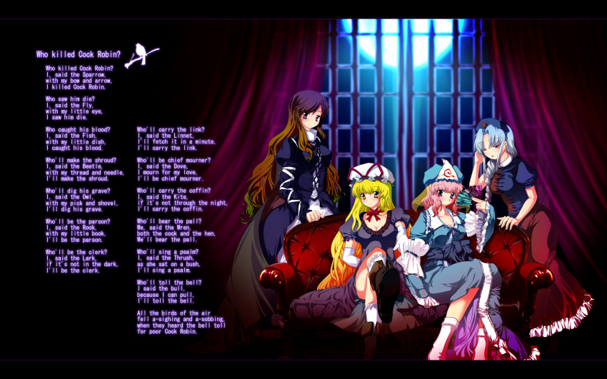 blonde_hair blue_eyes dress english fan folding_fan gradient_hair hat highres hijiri_byakuren japanese_clothes long_hair moon multicolored_hair multiple_girls parody pink_eyes pink_hair purple_eyes saigyouji_yuyuko short_hair silver_hair sitting touhou tsuki_hana violet_eyes wallpaper window yagokoro_eirin yakumo_yukari yellow_eyes