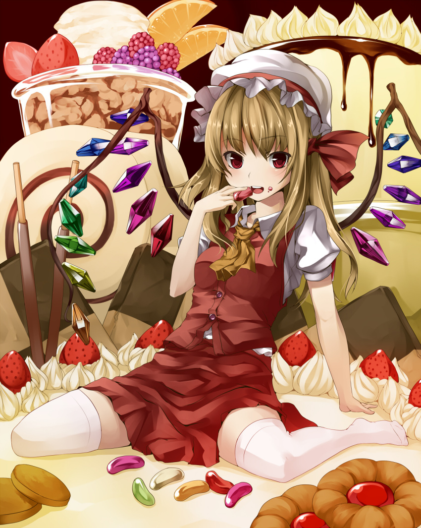 cake candy cookie flandre_scarlet food hat highres ice_cream jelly_bean ponytail red_eyes short_hair side_ponytail solo thighhighs touhou unasaka_ryou wings
