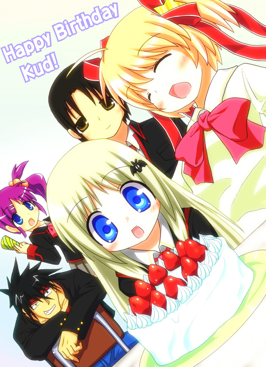 birthday cake dutch_angle ebisuke food fruit highres inohara_masato kamikita_komari little_busters!! naoe_riki noumi_kudryavka saigusa_haruka school_uniform strawberry