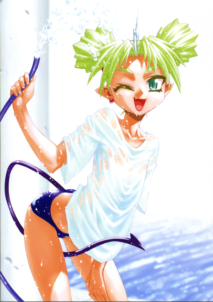 arched_back between_thighs bikini_bottom blonde_hair dutch_angle earrings fang green_eyes green_hair hand_on_thigh highres horn hose jewelry leaning_forward mori_kotarou no_bra no_pants pointy_ears raim see-through shirt short_hair slit_pupils smile stray_little_devil tail twintails water wet wet_clothes wet_shirt wink