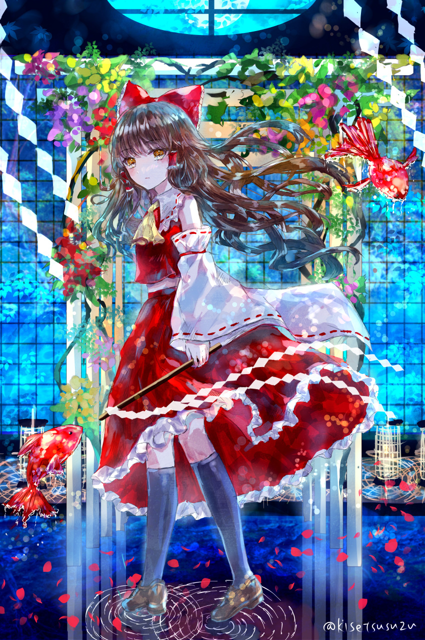 1girl absurdres animal ascot bare_shoulders black_thighhighs bow brown_eyes brown_footwear brown_hair detached_sleeves falling_petals fish flower frilled_skirt frills full_body hair_bow hair_tubes hakurei_reimu highres japanese_clothes long_hair nontraditional_miko petals purple_flower red_bow red_flower red_skirt ribbon-trimmed_sleeves ribbon_trim shoes sidelocks skirt solo suzushina thigh-highs touhou twitter_username white_sleeves wide_sleeves yellow_ascot yellow_flower