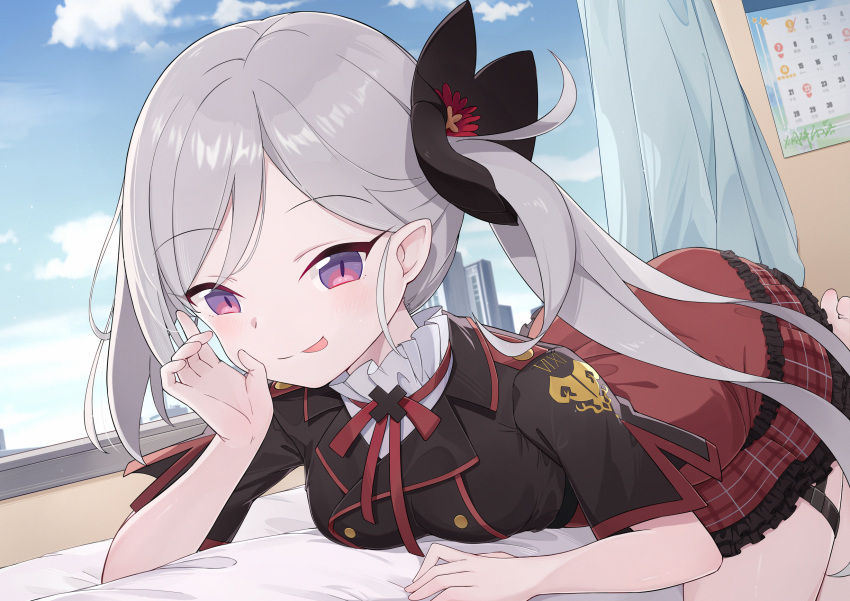 1girl black_shirt blue_archive blush breasts calendar_(object) closed_mouth frilled_skirt frills grey_hair highres indoors long_hair medium_breasts mutsuki_(blue_archive) neck_ribbon pointy_ears red_ribbon red_skirt ribbon shirt short_sleeves side_ponytail skirt smile solo thigh_strap tongue tongue_out violet_eyes yansuiyuluo