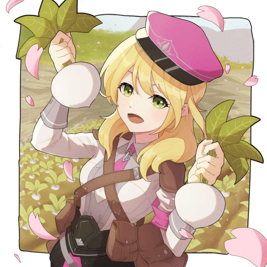 1girl :d absurdres alice_(rune_factory) blonde_hair blush border breasts collared_shirt commentary_request farm food green_eyes hands_up hat highres holding holding_food holding_vegetable ida_misoka long_hair long_sleeves looking_at_viewer medium_breasts open_mouth outdoors peaked_cap pouch red_headwear rune_factory rune_factory_5 shirt smile solo standing turnip vegetable white_border white_shirt