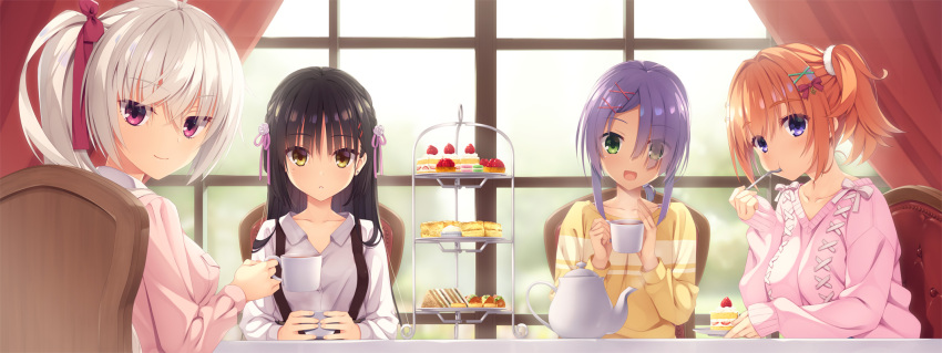 4girls :d :t akizuki_kanna black_hair blue_eyes blush bow braid breasts cafe_stella_to_shinigami_no_chou cake cake_slice casual closed_mouth collarbone commentary_request crossed_bangs cup curtains dress_shirt earrings eating eyelashes eyes_visible_through_hair flower food green_eyes hair_between_eyes hair_bow hair_flower hair_intakes hair_ornament hair_over_one_eye hair_ribbon hairclip hand_up hands_up highres hiuchidani_mei holding holding_cup indoors jewelry kobuichi large_breasts long_hair long_sleeves looking_at_viewer looking_back mole mole_under_eye multiple_girls muririn official_art open_mouth orange_hair pink_ribbon pink_sweater purple_hair red_bow red_ribbon ribbon rose shiki_natsume shirt short_hair_with_long_locks side_braid side_ponytail sitting sleeves_past_wrists smile steam straight_hair stud_earrings sumizome_nozomi suspenders sweater sweets table tan tea teapot upper_body violet_eyes white_flower white_hair white_rose white_shirt window x_hair_ornament yellow_eyes