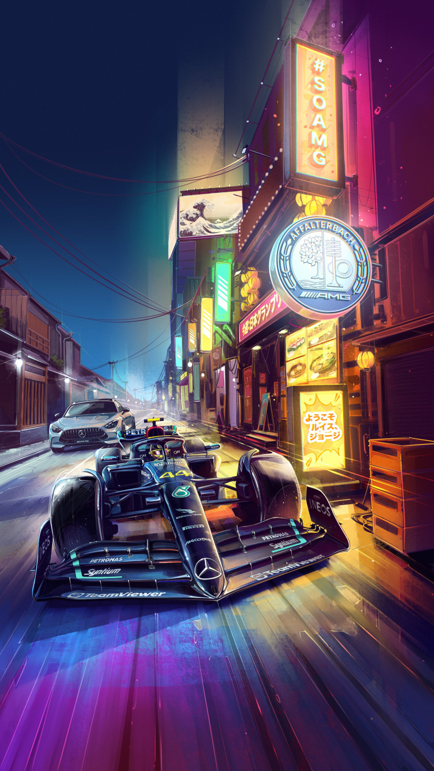 1boy absurdres andrew_mytro car driving english_commentary formula_one formula_racer glowing helmet highres japan kanagawa_okinami_ura lewis_hamilton mercedes-amg_f1_w14 mercedes-benz_amg_gt mercedes-benz_amg_gt_4-door_coupe motor_vehicle night official_art outdoors race_vehicle racecar real_life road sky vehicle_focus yellow_headwear