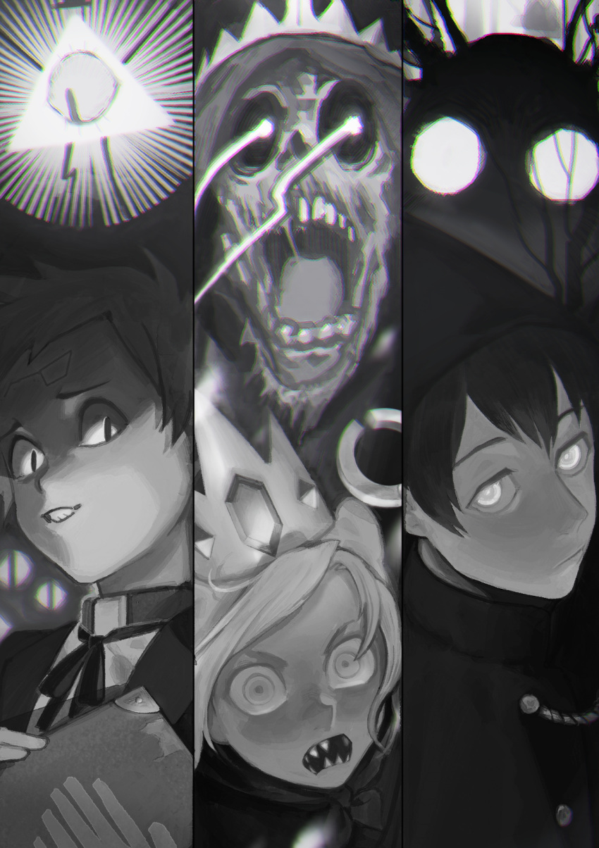 5boys adventure_time bill_cipher book crossover crown dipper_pines fez_hat finn_the_human glowing glowing_eyes gravity_falls greyscale hat highres holding holding_book hood hood_up jacket lich_(adventure_time) male_focus monochrome multiple_boys one-eyed open_mouth over_the_garden_wall pointy_hat sharp_teeth shirt short_hair skull teeth the_beast triangle wirt_(over_the_garden_wall) zipperradio