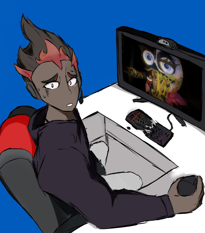 black_jacket blue_background chair chica desk gaming_chair glamrock_chica headgear highres ishowspeed jacket keyboard_(computer) kukui_(pokemon) mouse non-web_source on_chair pants pokemon pokemon_(game) pokemon_sv sweatdrop swivel_chair television webcam white_pants