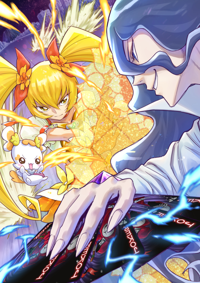 1boy 1girl absurdres blonde_hair bow brooch card choker cobraja cure_sunshine dress energy energy_barrier energy_shield fingernails flower foreshortening frilled_sleeves frills frown gloves grey_hair hair_between_eyes hair_flower hair_ornament hair_ribbon heart heart_brooch heartcatch_precure! highres holding holding_card itou_shin'ichi jewelry long_hair looking_at_another magical_girl myoudouin_itsuki open_mouth orange_choker orange_flower orange_ribbon potpourri_(heartcatch_precure!) precure puffy_short_sleeves puffy_sleeves ribbon sharp_fingernails short_dress short_sleeves smile smirk standing twintails yellow_dress yellow_eyes yellow_gloves