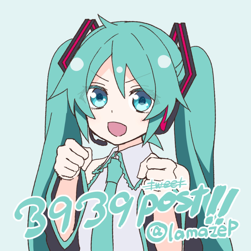 1girl 39 :d aqua_background aqua_eyes aqua_hair aqua_necktie bare_shoulders black_sleeves clenched_hands detached_sleeves excited grey_shirt hair_ornament hatsune_miku headphones headset highres lamazep long_hair looking_at_viewer milestone_celebration necktie open_mouth shirt simple_background sleeveless sleeveless_shirt smile solo twintails twitter_username upper_body v-shaped_eyebrows very_long_hair vocaloid