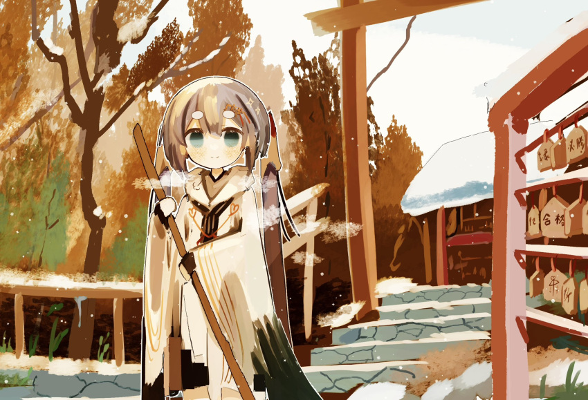 1girl aqua_eyes architecture bare_tree black_skirt broom building chihaya_(clothing) commentary day east_asian_architecture ema feet_out_of_frame grey_hair hair_ornament hatsune_miku highres hikimayu holding holding_broom hooded_kimono japanese_clothes kimono light_blush light_smile long_hair looking_at_viewer miniskirt outdoors red_ribbon ribbon skirt snow stairs standing stone_stairs syare_0603 torii tree twintails very_long_hair vocaloid white_kimono wide_shot wide_sleeves winter yuki_miku yuki_miku_(2018)
