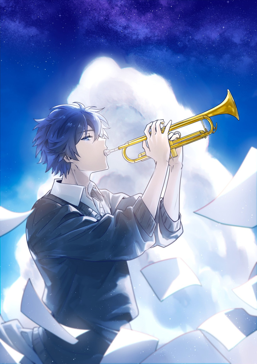 1boy blue_eyes blue_hair clouds collared_shirt commentary_request hands_up highres holding holding_instrument instrument kaito_(vocaloid) long_sleeves looking_at_viewer male_focus outdoors paper parang_99 shirt short_hair sideways_glance solo sweater trumpet upper_body vocaloid