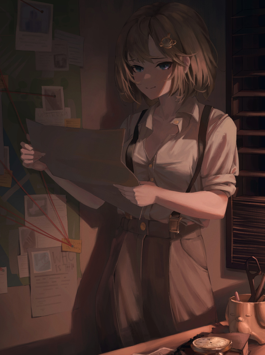 1girl blonde_hair blue_eyes book breasts brown_skirt bulletin_board commentary dark hair_ornament highres holding holding_paper hololive hololive_english looking_at_viewer medium_hair monocle_hair_ornament paper photo_(object) pocket_watch revil0l scissors shirt skirt sleeves_rolled_up small_breasts smile solo string suspender_skirt suspenders virtual_youtuber watch watson_amelia white_shirt window_shade