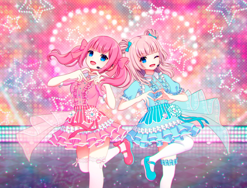 2girls :d ;d absurdres ankle_bow ankle_strap assault_lily blue_bow blue_dress blue_footwear blunt_bangs blurry blurry_background bow breasts c-chrone center_frills checkered_floor chromatic_aberration collared_dress commentary_request double_bun dress dress_flower flower foot_out_of_frame frilled_dress frilled_sleeves frilled_thighhighs frills hair_bow hair_bun hands_up headset heart heart_hands highres idol layered_dress leg_up long_hair looking_at_viewer mary_janes medium_breasts microphone multiple_girls official_alternate_costume one_eye_closed open_mouth pink_bow pink_hair puffy_short_sleeves puffy_sleeves red_footwear sadamori_himeka see-through shoes short_dress short_sleeves smile stage standing standing_on_one_leg star_(symbol) tanba_akari thigh-highs twintails white_flower white_thighhighs zettai_ryouiki