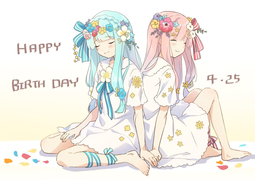 2girls alternate_costume back-to-back barefoot blue_ribbon blunt_bangs blush braid chipochopo324 closed_eyes closed_mouth collared_dress commentary crown_braid dated dress flower flower_request flower_wreath gradient_background hair_flower hair_ornament hair_ribbon hand_on_another's_hand happy_birthday head_wreath kotonoha_akane kotonoha_aoi leg_ribbon long_hair low_tied_sidelocks multiple_girls neck_flower neck_ribbon petals red_ribbon ribbon siblings sidelocks sisters sitting smile striped striped_ribbon voiceroid white_background white_dress white_flower yellow_background yellow_flower