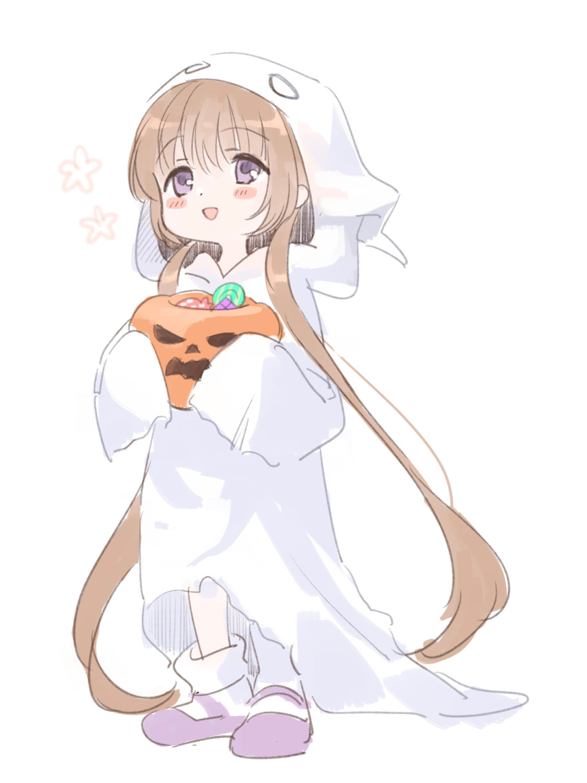 1girl absurdres alternate_costume blush_stickers brown_hair chipochopo324 commentary_request flower_(symbol) food full_body ghost_costume happy highres holding holding_food holding_pumpkin holding_vegetable hood hood_up jack-o'-lantern long_hair looking_up loose_socks low_twintails mary_janes open_mouth pumpkin purple_footwear raised_eyebrows shoes simple_background sleeves_past_fingers sleeves_past_wrists smile socks solo trick-or-treating tsukuyomi_ai twintails vegetable very_long_hair violet_eyes voiceroid white_background white_socks