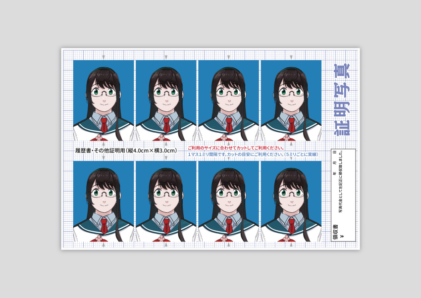 1girl aqua_eyes black_hair blue_background blue_hairband closed_mouth collared_shirt glasses grey_background grid hairband highres kantai_collection looking_at_viewer multiple_views necktie ojipon ooyodo_(kancolle) photo_(object) portrait red_necktie semi-rimless_eyewear shirt smile translation_request white_shirt