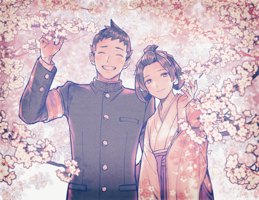 1boy 1girl ^_^ ace_attorney amemomism armband bangs_pinned_back buttons cherry_blossoms closed_eyes closed_mouth commentary_request facing_viewer floral_print gakuran grin hair_ribbon hair_rings hakama hakama_skirt hand_up jacket japanese_clothes kimono long_sleeves looking_at_viewer meiji_schoolgirl_uniform open_mouth outdoors petals ribbon ryunosuke_naruhodo school_uniform short_hair skirt smile susato_mikotoba teeth the_great_ace_attorney updo upper_body wide_sleeves