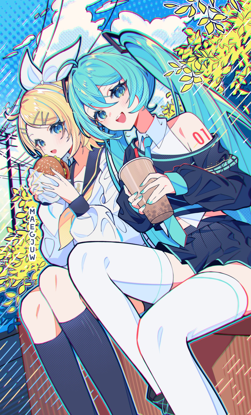 2girls absurdres ahoge aqua_eyes aqua_hair aqua_nails aqua_necktie artist_name bare_shoulders black_skirt black_socks blonde_hair blue_eyes bow bubble_tea burger clouds collar collared_shirt commentary cross-laced_footwear cup day food hair_between_eyes hair_bow hair_ornament hairclip hatsune_miku highres holding holding_cup holding_food kagamine_rin kneehighs long_hair long_sleeves looking_at_viewer maegjuw multiple_girls neckerchief necktie open_mouth outdoors sailor_collar school_uniform shirt short_hair sidelocks sitting skirt smile socks teeth thigh-highs triangle_hair_ornament twintails upper_teeth_only vocaloid white_bow white_collar white_shirt white_thighhighs yellow_nails yellow_neckerchief