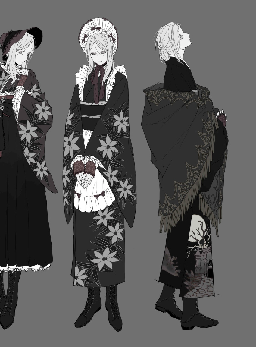 1girl alternate_costume black_footwear bloodborne bonnet boots closed_eyes closed_mouth facing_to_the_side floral_print frills grey_background grey_hair highres japanese_clothes kimono lace-trimmed_sleeves lace_trim long_sleeves medium_hair multiple_views plain_doll profile simple_background soldalepaz11 standing wide_sleeves