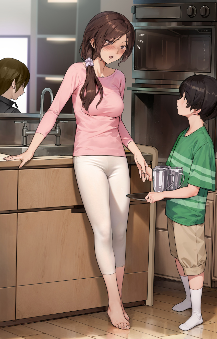 1girl 2boys absurdres age_difference barefoot black_hair black_shirt blonde_hair blush breasts brown_eyes brown_hair brown_shorts cabinet collarbone collared_shirt counter cup faucet feet flying_sweatdrops green_shirt hair_ornament hair_scrunchie height_difference highres holding holding_hands holding_tray indoors jewelry kitchen leggings legs long_hair looking_down looking_up low_ponytail mature_female medium_breasts mother_and_son multiple_boys no_shoes onee-shota open_mouth original oven pink_sweater ring scrunchie shirt short_hair shorts sideways_glance sink socks sweater t-shirt toenails toes tray white_leggings white_socks yewang19