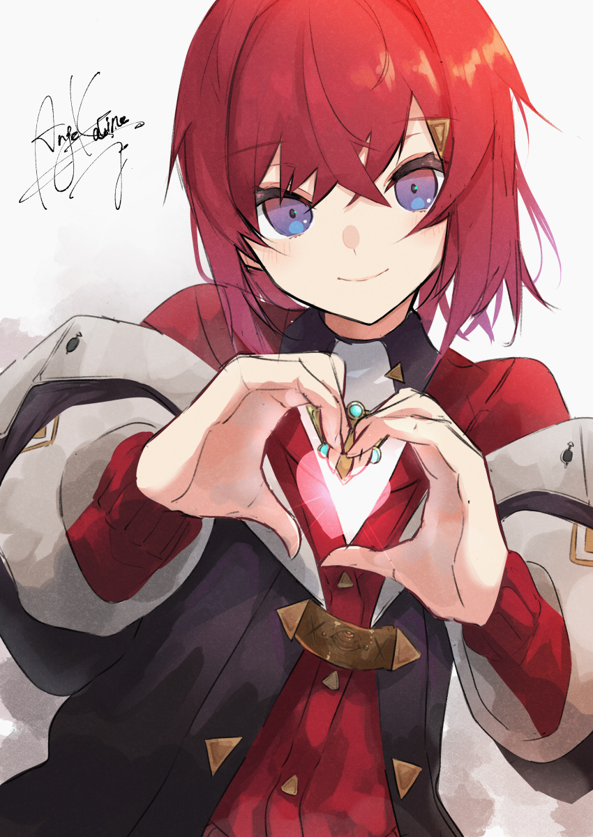 1girl absurdres ange_katrina ange_katrina_(1st_costume) cardigan heart heart_hands highres light_blush long_sleeves looking_at_viewer nijisanji ogura_tubuan red_cardigan redhead short_hair simple_background smile solo triangle_hair_ornament upper_body violet_eyes virtual_youtuber white_background