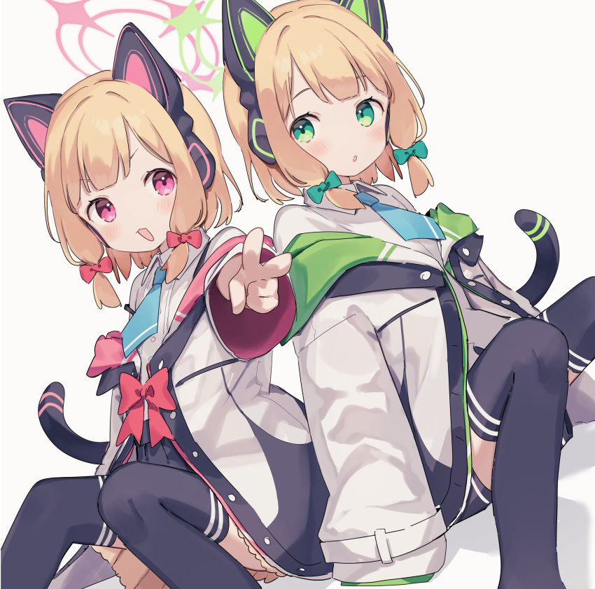 2girls :3 :o absurdres animal_ear_headphones animal_ears black_pants black_skirt black_thighhighs blonde_hair blue_archive blue_necktie blush bow cat_ears cat_tail collared_shirt fake_animal_ears green_bow green_eyes green_hood hair_bow halo headphones highres jacket knees_up long_sleeves looking_at_viewer midori_(blue_archive) momoi_(blue_archive) multiple_girls necktie open_mouth pants pink_halo pink_hood red_bow red_eyes shiratakiseaice shirt short_hair siblings simple_background sisters sitting skirt tail thigh-highs twins v v-shaped_eyebrows white_background white_jacket white_shirt