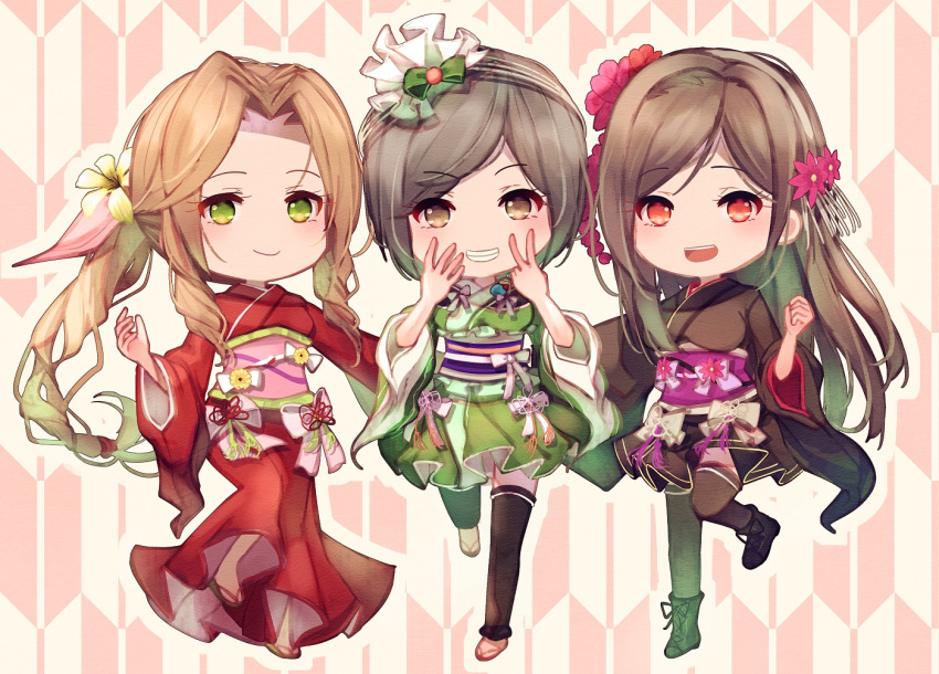 3girls aerith_gainsborough alternate_costume ankle_boots black_hair black_kimono black_thighhighs boots braid braided_ponytail brown_eyes brown_hair chibi closed_mouth commentary_request cross-laced_footwear final_fantasy final_fantasy_vii final_fantasy_vii_remake flower full_body green_eyes green_kimono grin hair_flower hair_ornament hair_ribbon japanese_clothes kimono lace-up_boots light_blush long_hair looking_at_viewer mirrorclew multiple_girls obi official_alternate_costume open_mouth parted_bangs pink_ribbon red_eyes red_flower red_kimono ribbon sandals sash short_hair short_kimono sidelocks smile swept_bangs thigh-highs tifa_lockhart tifa_lockhart's_exotic_dress v wide_sleeves yuffie_kisaragi