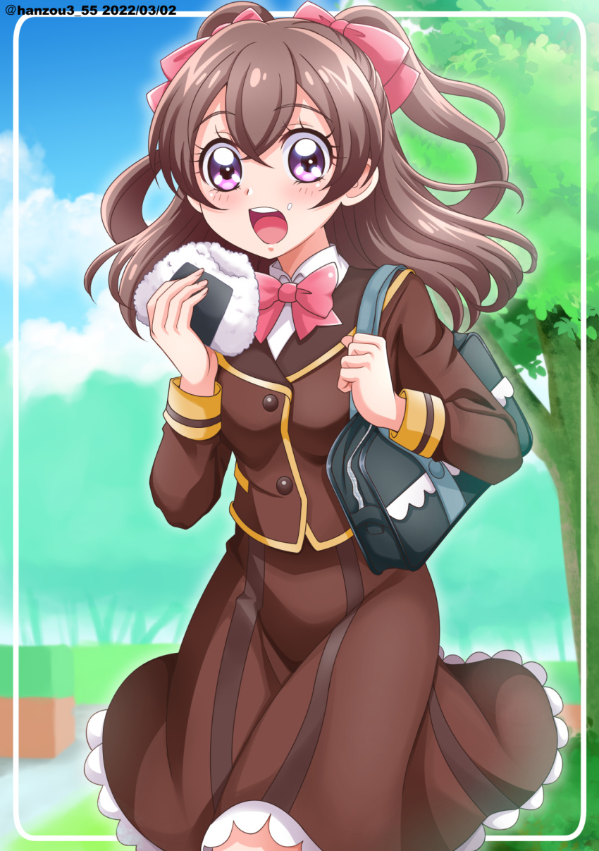 1girl bag blazer blue_sky border bow bowtie brown_hair brown_jacket brown_skirt carrying clouds cloudy_sky commentary dated day delicious_party_precure dress_shirt food food_on_face hair_ribbon hanzou highres holding holding_food jacket long_sleeves looking_at_viewer medium_hair medium_skirt nagomi_yui onigiri open_mouth outdoors precure red_bow red_bowtie red_ribbon ribbon rounded_corners school_bag shirt skirt sky solo standing tree twitter_username two_side_up violet_eyes white_border white_shirt wing_collar
