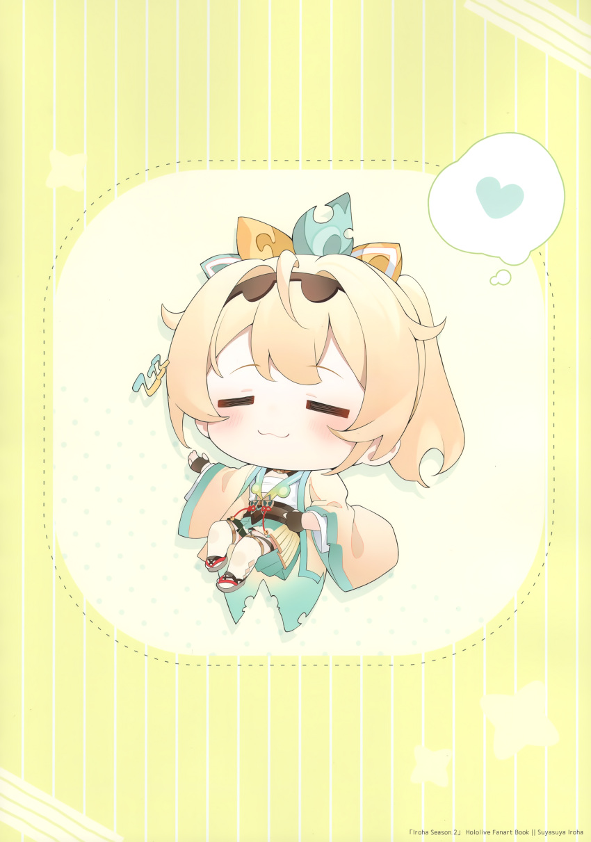 1girl absurdres blonde_hair blush chibi closed_eyes closed_mouth full_body hana_mori haori heart highres hololive japanese_clothes kazama_iroha lying on_back ponytail sandals scan skirt solo spoken_heart thigh-highs thought_bubble virtual_youtuber white_thighhighs zzz