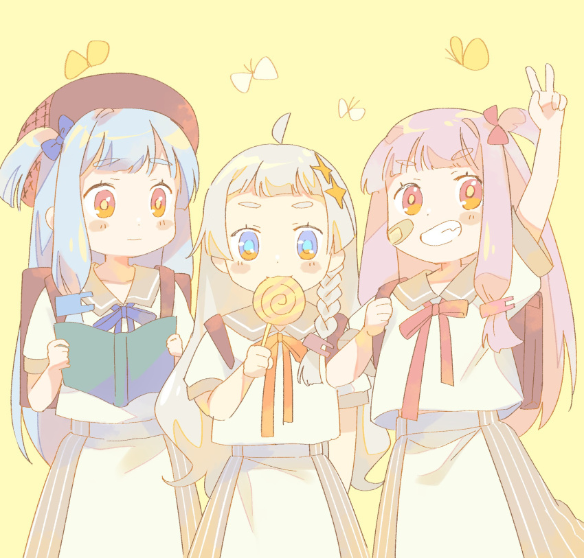 3girls a.i._voice ahoge arm_up backpack bag bandaid bandaid_on_cheek bandaid_on_face beret blue_bow blue_hair blue_ribbon blunt_bangs blush_stickers book bow braid brown_sailor_collar brown_skirt bug butterfly candy chipochopo324 commentary cosplay cowboy_shot eating food grey_hair grin hair_bow hair_ornament hairclip hat highres holding holding_book holding_candy holding_food holding_lollipop holding_strap kizuna_akari kizuna_akari_(tsubomi) kizuna_akari_(tsubomi)_(cosplay) kotonoha_akane kotonoha_aoi lollipop long_hair looking_at_another looking_at_viewer matching_outfits midriff_peek multicolored_eyes multiple_girls one_side_up open_book orange_eyes orange_ribbon pink_hair randoseru red_bow red_eyes red_headwear red_ribbon ribbon sailor_collar school_uniform shirt short_bangs short_sleeves side-by-side side_braid sidelocks skirt smile sparkle_hair_ornament swirl_lollipop thick_eyebrows two-tone_skirt v voiceroid white_shirt white_skirt yellow_background