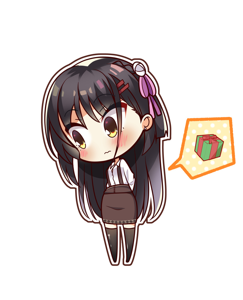 1girl 3: absurdres arms_behind_back black_hair black_thighhighs blush box brown_skirt cafe_stella_to_shinigami_no_chou chibi christmas closed_mouth commentary dress_shirt earrings eyelashes eyes_visible_through_hair frown gift gift_box hair_between_eyes hair_ornament hair_ribbon hairclip high-waist_skirt highres jewelry long_hair looking_to_the_side meonijwi pink_ribbon ribbon shiki_natsume shirt shy simple_background skirt solo speech_bubble straight_hair stud_earrings suspender_skirt suspenders thigh-highs very_long_hair white_background white_shirt zettai_ryouiki