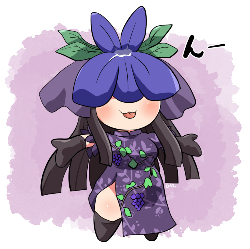 1girl black_footwear black_gloves black_hair blush boots breasts china_dress chinese_clothes dress flower flower_on_head food_print fruit_print full_body gloves grape_print large_breasts long_hair purple_dress purple_flower rokugou_daisuke short_sleeves signature solo tongue tongue_out touhou vine_print yomotsu_hisami